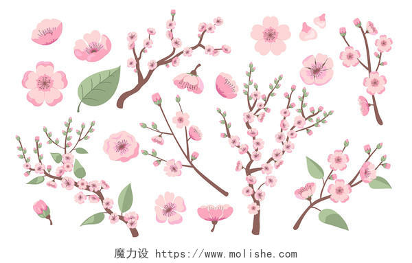 春天粉色桃花花瓣树枝元素素材